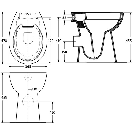 HB Kollektion Stand-WC Tiefspüler + 6cm Abgang waagerecht spülrandlos - 47 x 36,5 cm