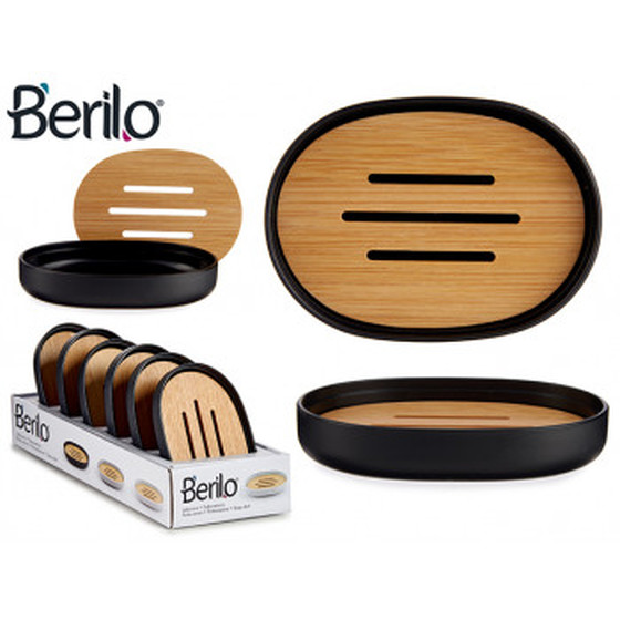 BERILO schwarze Seifenschale mit Bambusdeckel